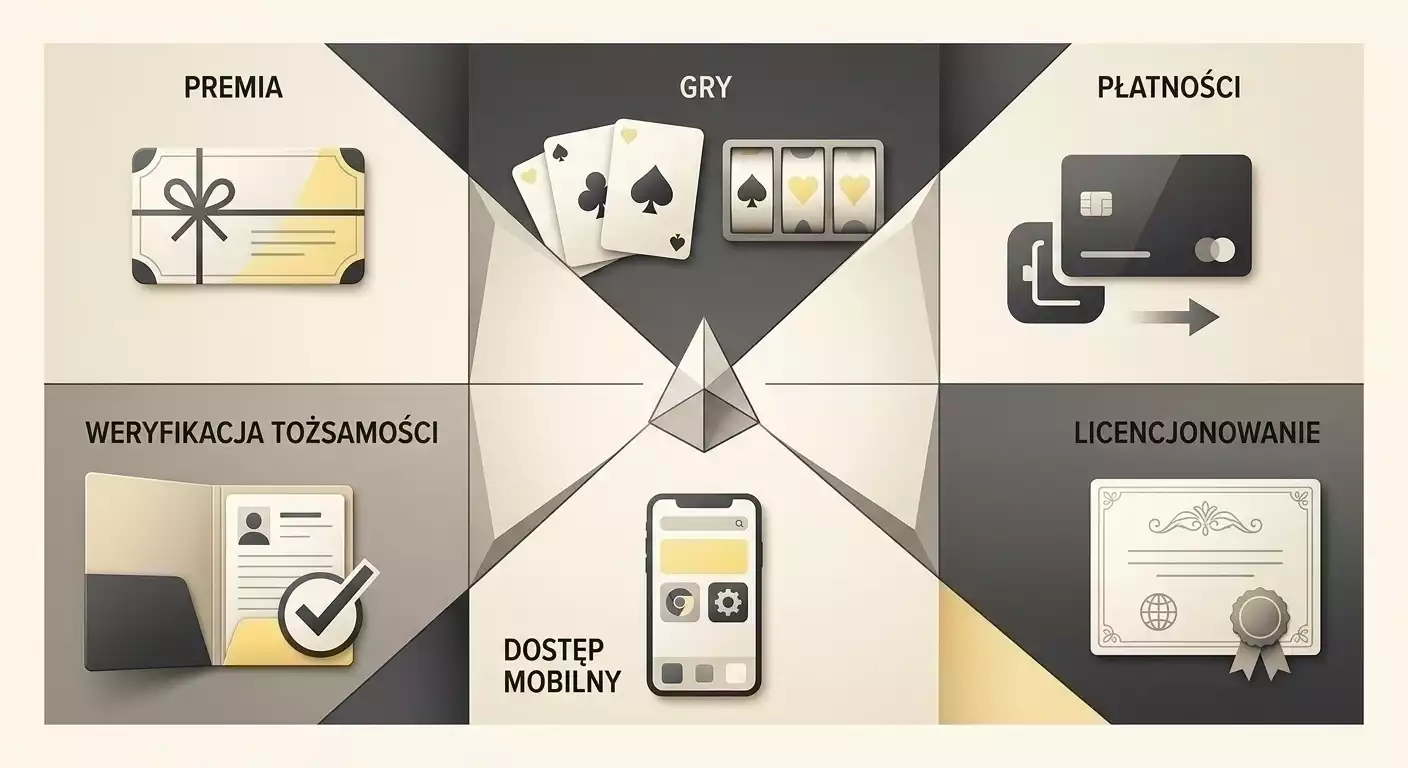 Neutralna ilustracja sześciu obszarów oceny kasyna: bonus, gry, płatności, KYC, mobile i licencja